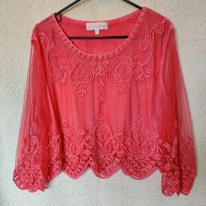 Free Angel Dark Coral Embroidered Top Sheer Long Sleeve Scalloped Hem Boho Top